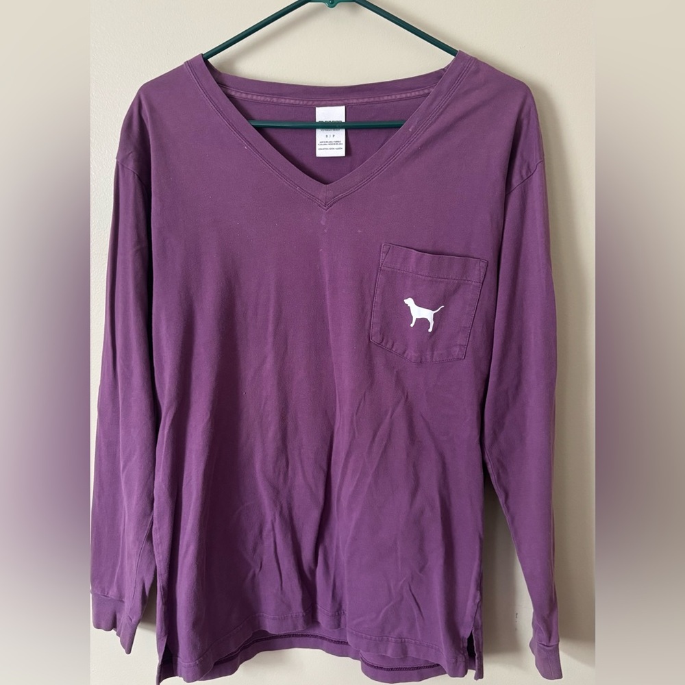 PINK By Victoria's Secret Purple Long Sleeve V-Neck Top Back Dog Spellout